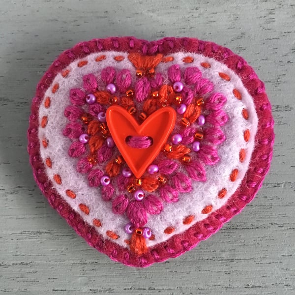 Hand Embroidered Ruby Red Heart Brooch 