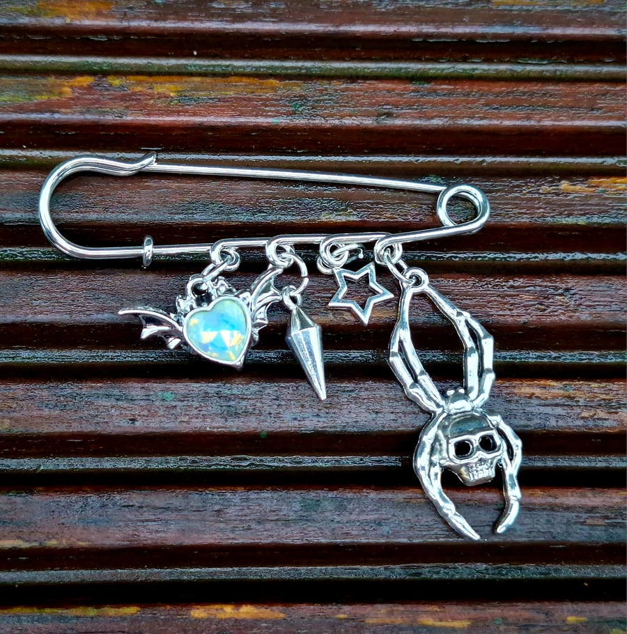 Safety Pin Brooch Badge silver charms alternative emo gothic spider heart