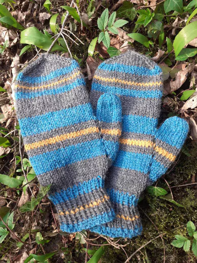 Striped Wool Mittens, Handknit Upcycled Pure Wool Mittens