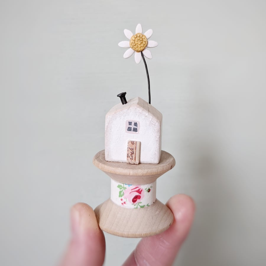 Wooden House on a Vintage Floral Bobbin with Clay Daisy