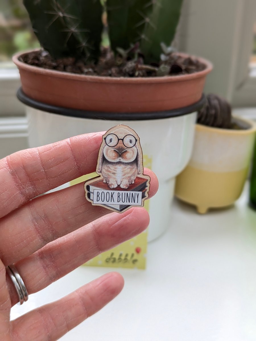 'Book Bunny', Cute Rabbit Wood Pin Badge, Lapel Pin