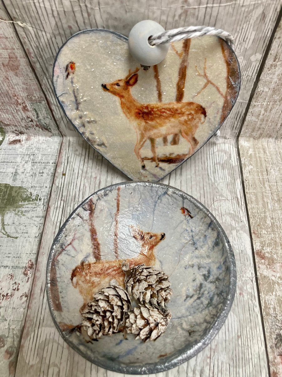 Reindeer & Robin Christmas Bauble & Trinket Dish Gift  Festive Handmade Ornament