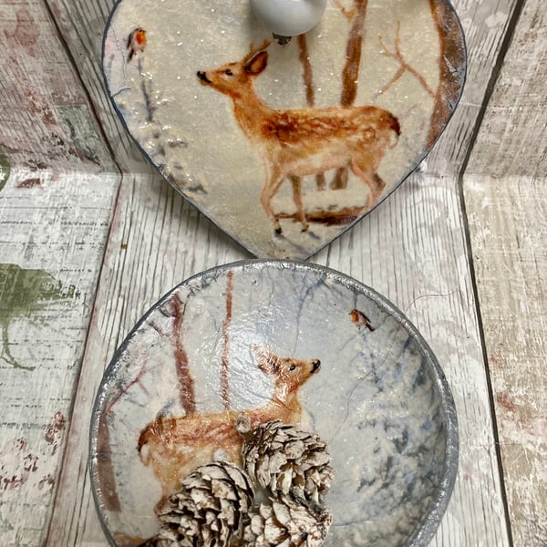 Reindeer & Robin Christmas Bauble & Trinket Dish Gift  Festive Handmade Ornament