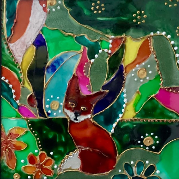 Original art abstract fox red green gold colourful glass framed painting 