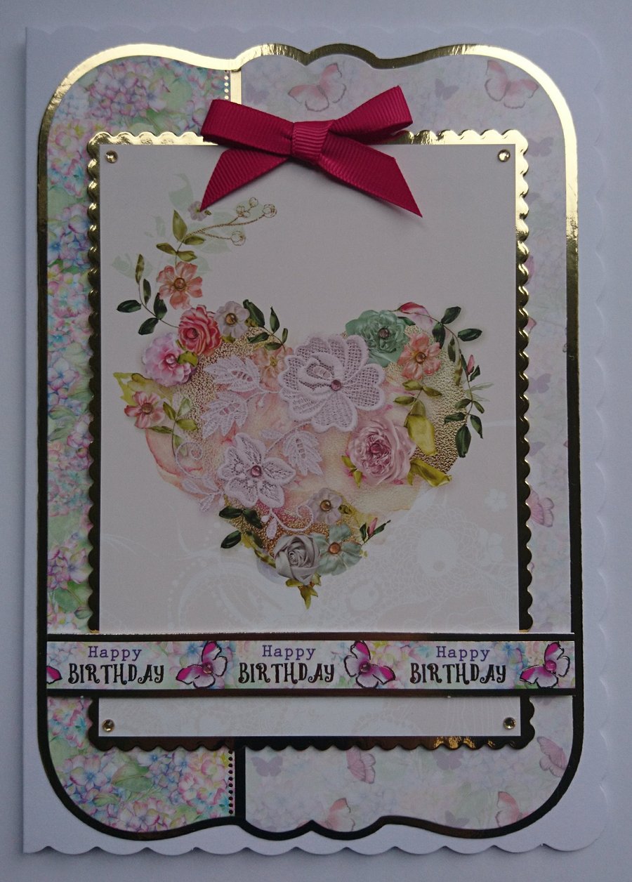 Heart Birthday Card Vintage Happy Birthday Lace Heart Flowers Butterflies