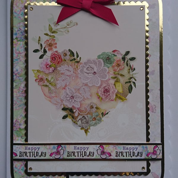 Heart Birthday Card Vintage Happy Birthday Lace Heart Flowers Butterflies