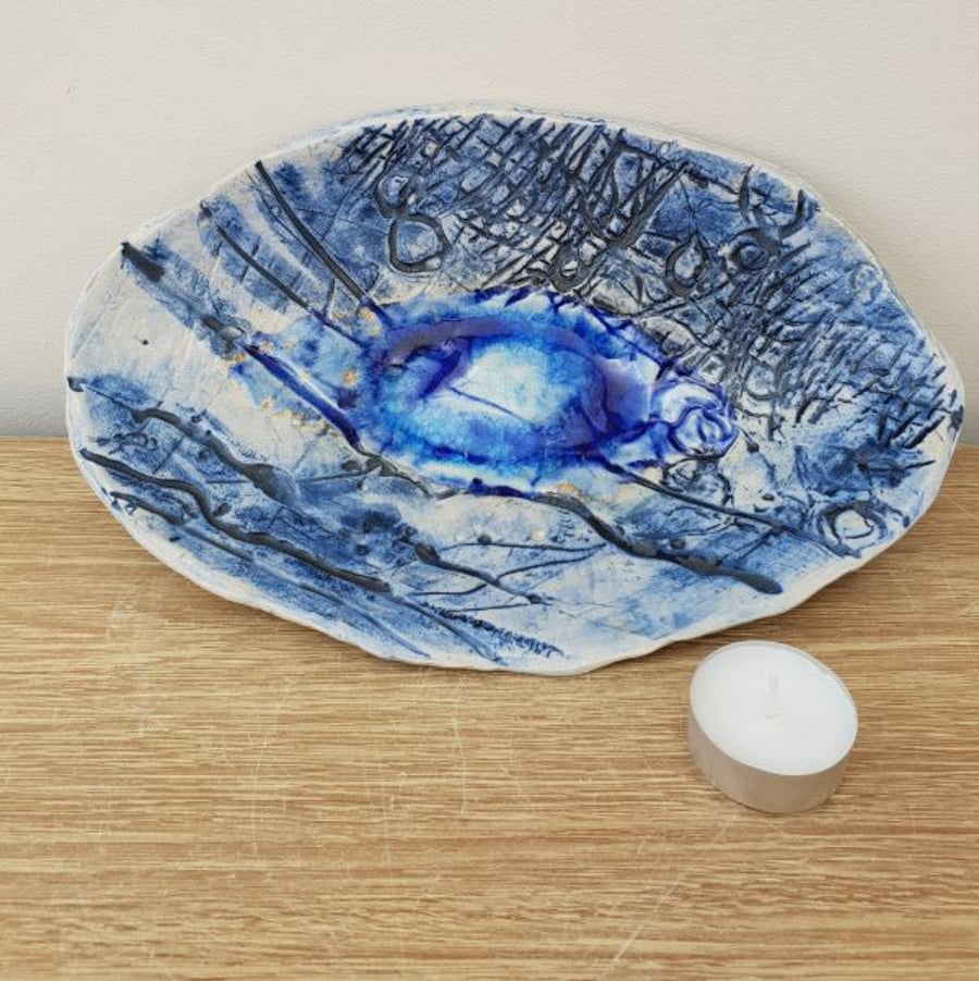 Blue Textured Oval Ceramic Dish