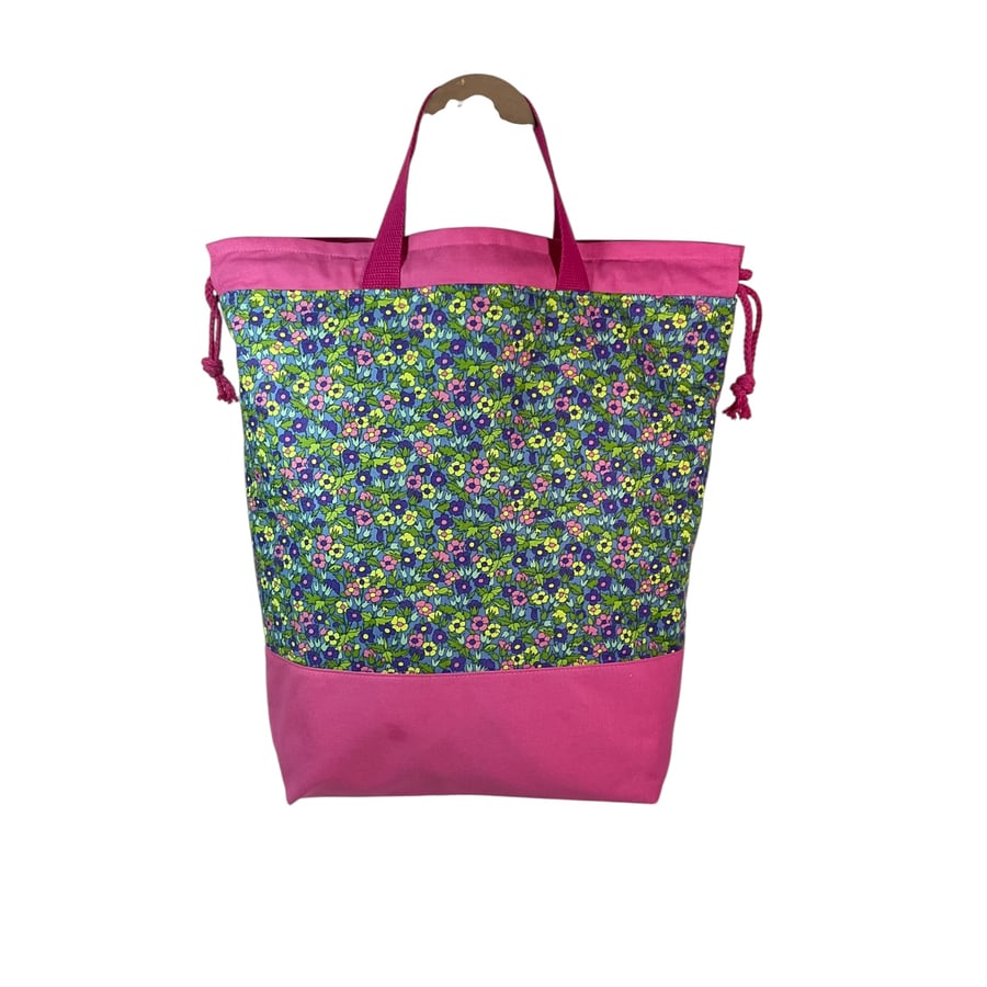 Liberty fabric Extra Large drawstring knitting bag with floral print, multi pock