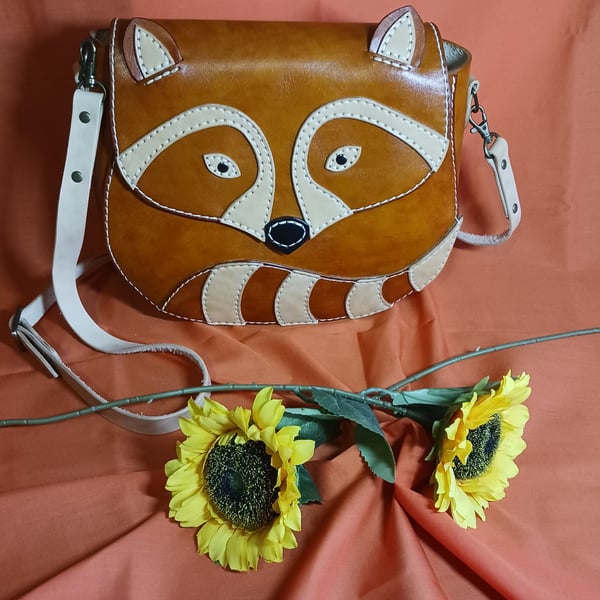 Tan Leather Raccoon Handbag Novelty Animal Shaped Shoulder Bag - Quirky Gift f