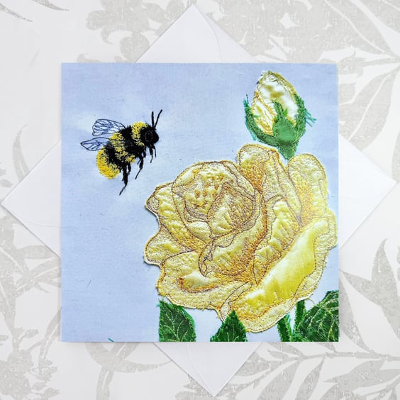 Birthday card - yellow rose and bumblebee floral flower