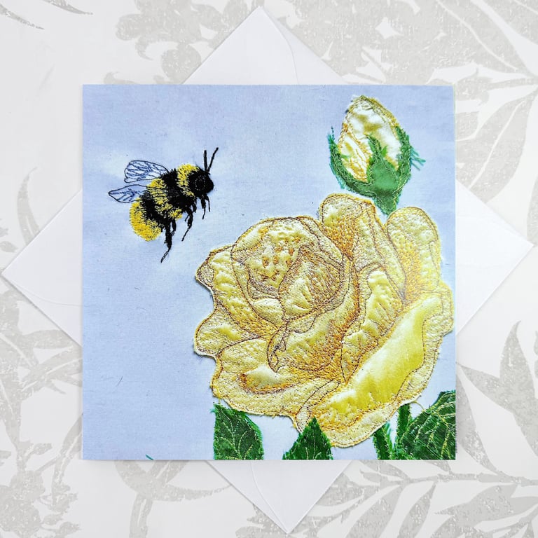 Birthday card - yellow rose and bumblebee floral flower