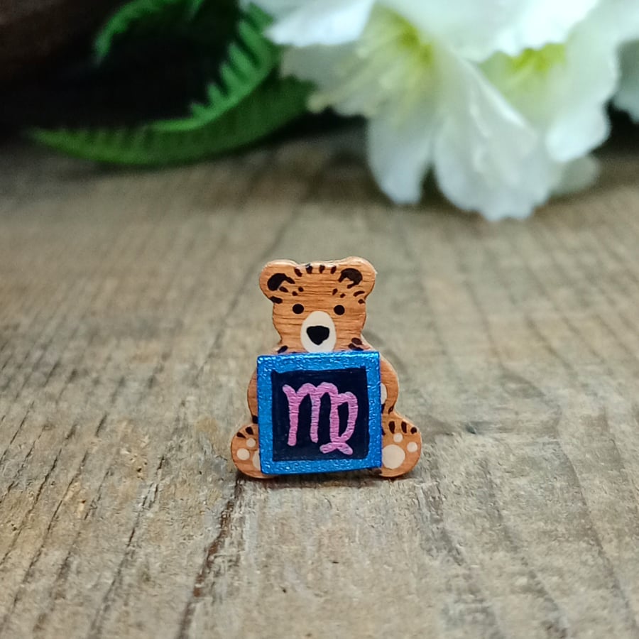 Virgo Bear Pin, Handmade Tiny Star Sign Wooden Teddy Badge