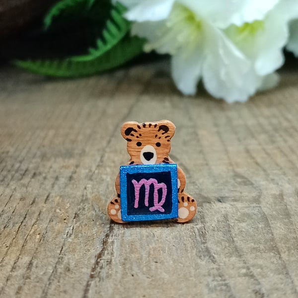Virgo Bear Pin, Handmade Tiny Star Sign Wooden Teddy Badge