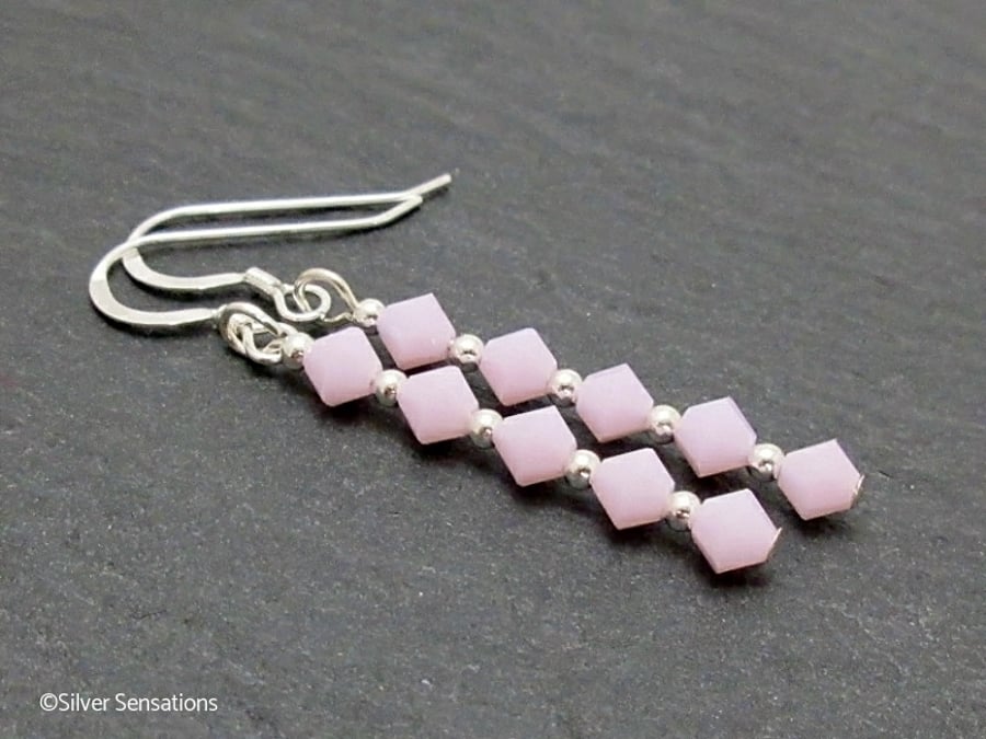 Slim Pastel Pink Premium Quality Crystals Wedding Earrings With Sterling Silver
