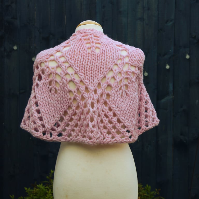 Chunky hand knit lace capelet in blossom pink 100% wool - design SB168