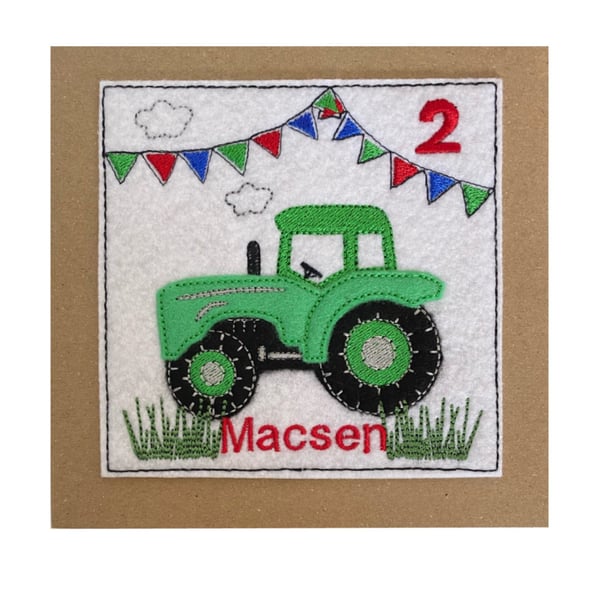 Tractor Birthday Card, Personalised Tractor Card, Green Tractor Textile Card