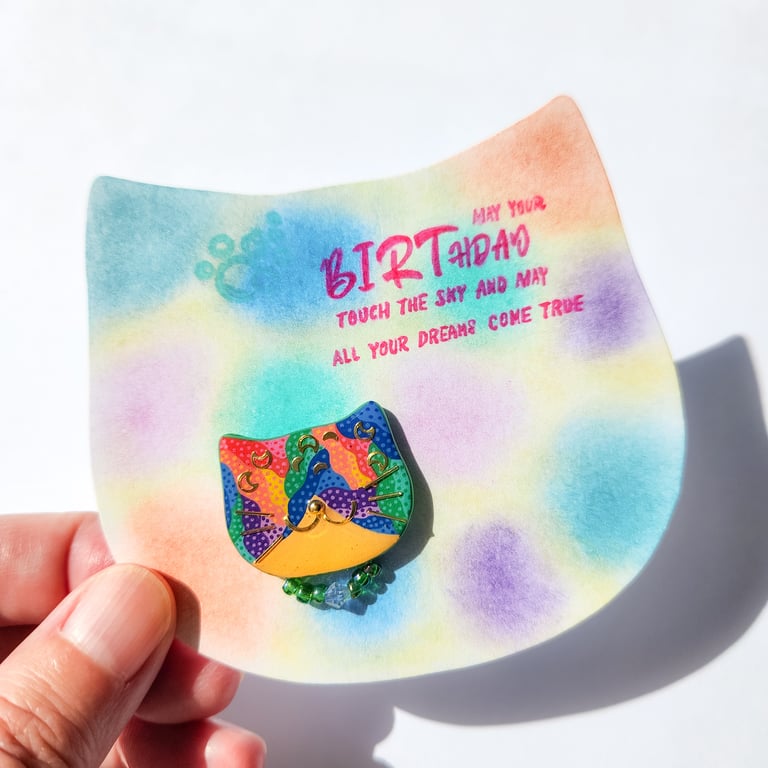 Hand-painted Cat Brooch with hand-coloured card