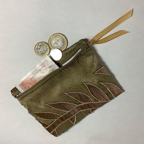 Purse, gold, zipped for coins, notes, cards, make up
