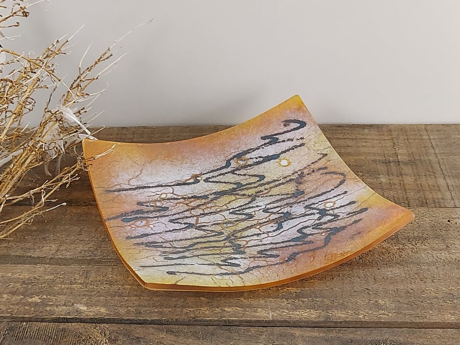 Golden Yellow Art Glass Dish - Ripples