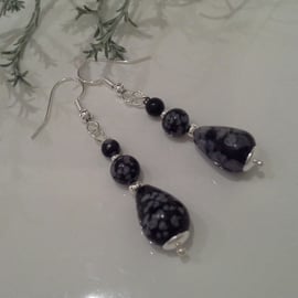 Tear Drop Cut Snowflake Obsidian Earrings Silver Plate