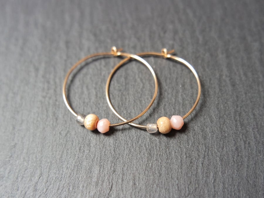 Gold Filled Hoops - Pink Opal, Labradorite, Wood