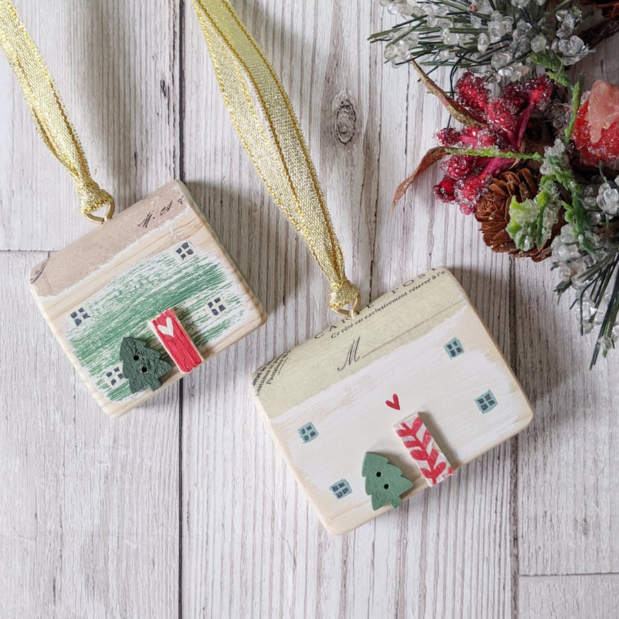 Set of 2 Painted Christmas House Hanging Decorations