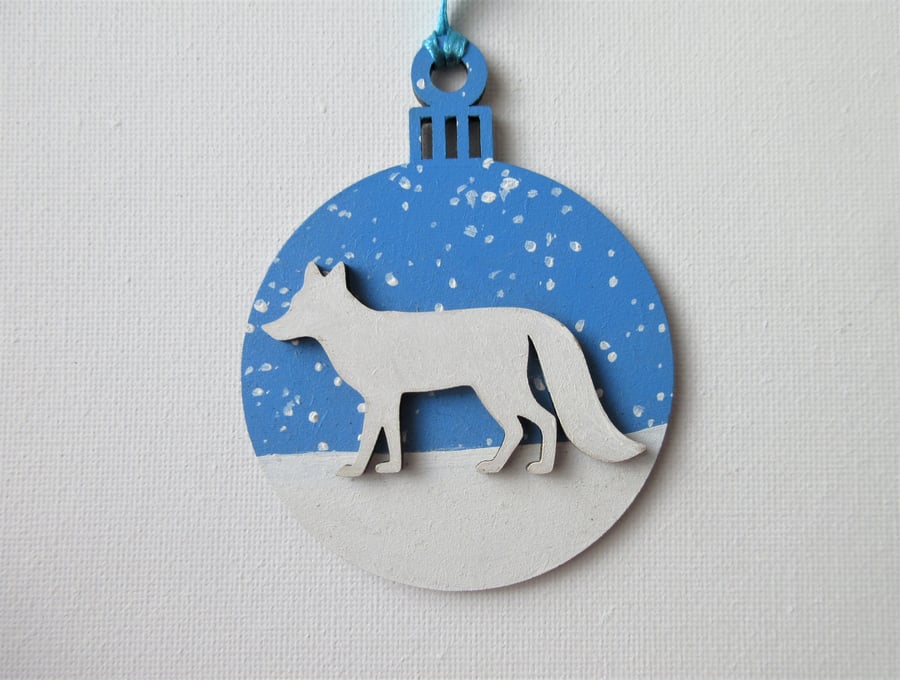 Arctic Fox Christmas Tree Bauble Decoration Snow Scene in Blue and White