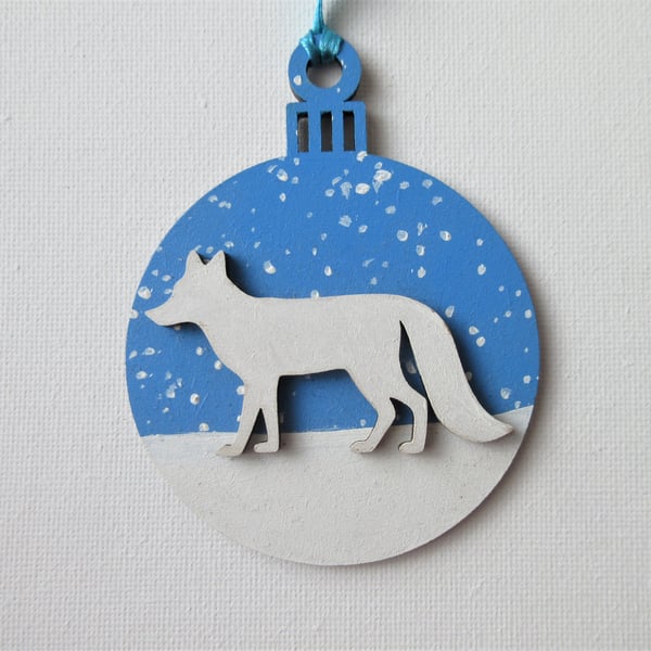 Arctic Fox Christmas Tree Bauble Decoration Snow Scene in Blue and White