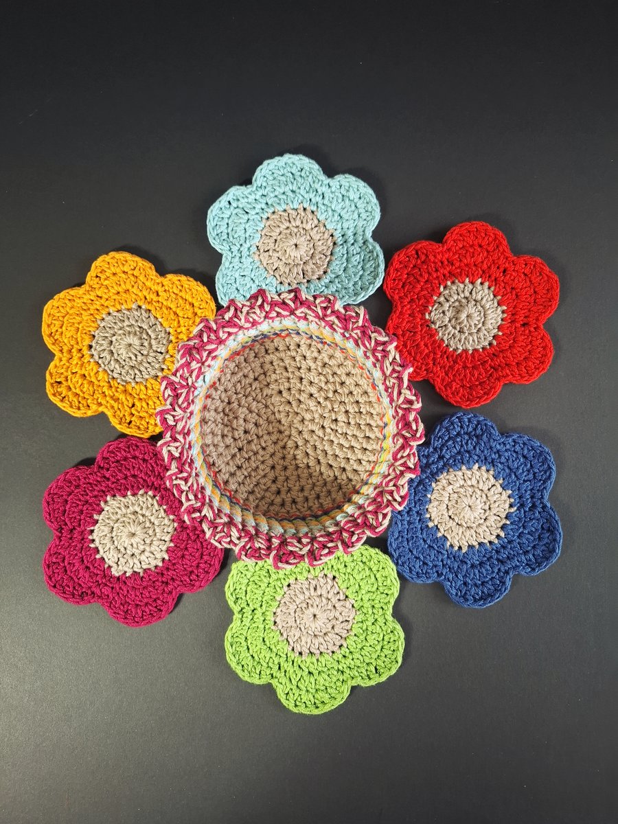 6 Cotton Flower Coasters and Basket. Handmade Crochet. 