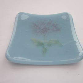 Handmade fused glass trinket bowl or soap dish - china blue with chrysanthemum