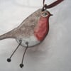 Robin redbreast tree decoration in copper and vitreous enamels