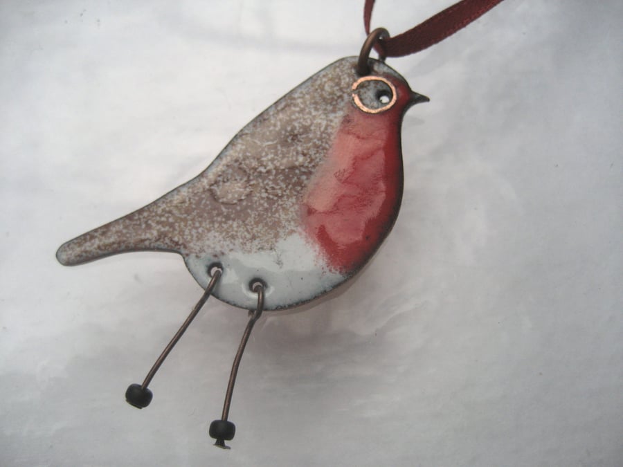 Robin redbreast tree decoration in copper and vitreous enamels
