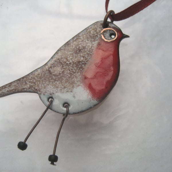 Robin redbreast tree decoration in copper and vitreous enamels