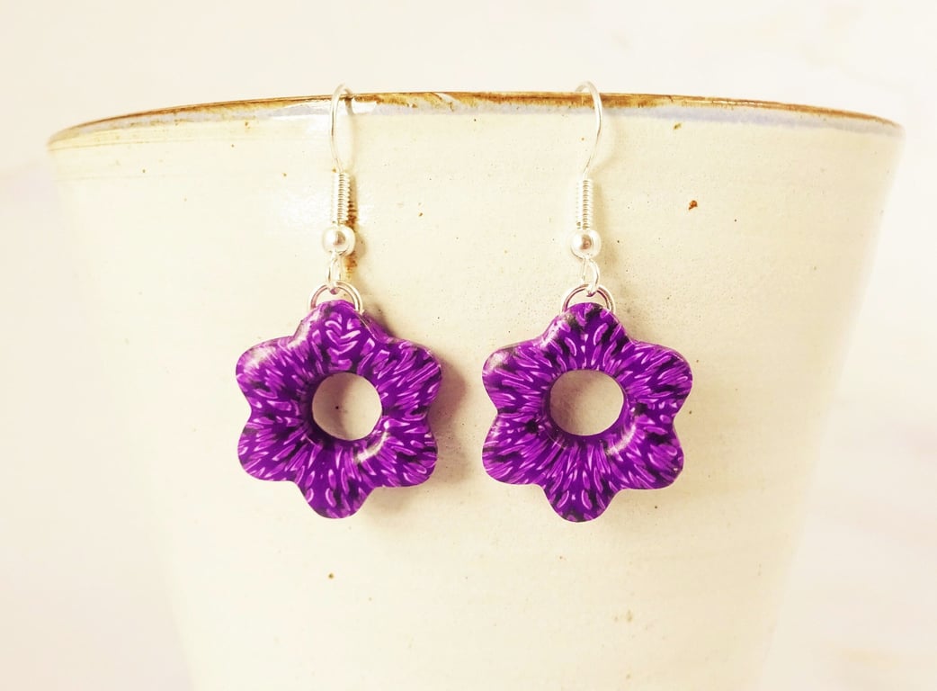 Purple Flower Earrings, Patterned Drop Earrings, One of a Kind Jewelley