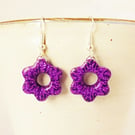 Purple Flower Earrings, Patterned Drop Earrings, One of a Kind Jewelley