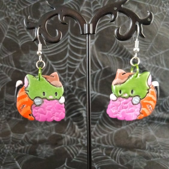 Franken-kitty Dangle Earrings, Zombie Kitty Polymer Clay Earrings