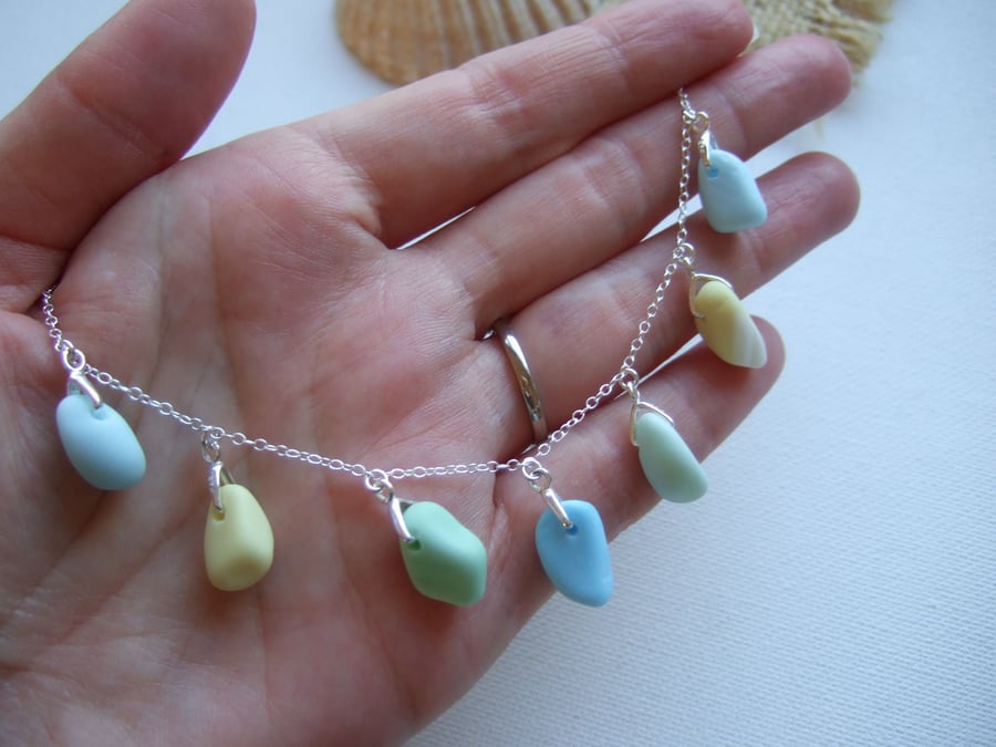 Sea Glass Necklace, Milk Beach Glass Jewellery, Seaham blue green yellow 