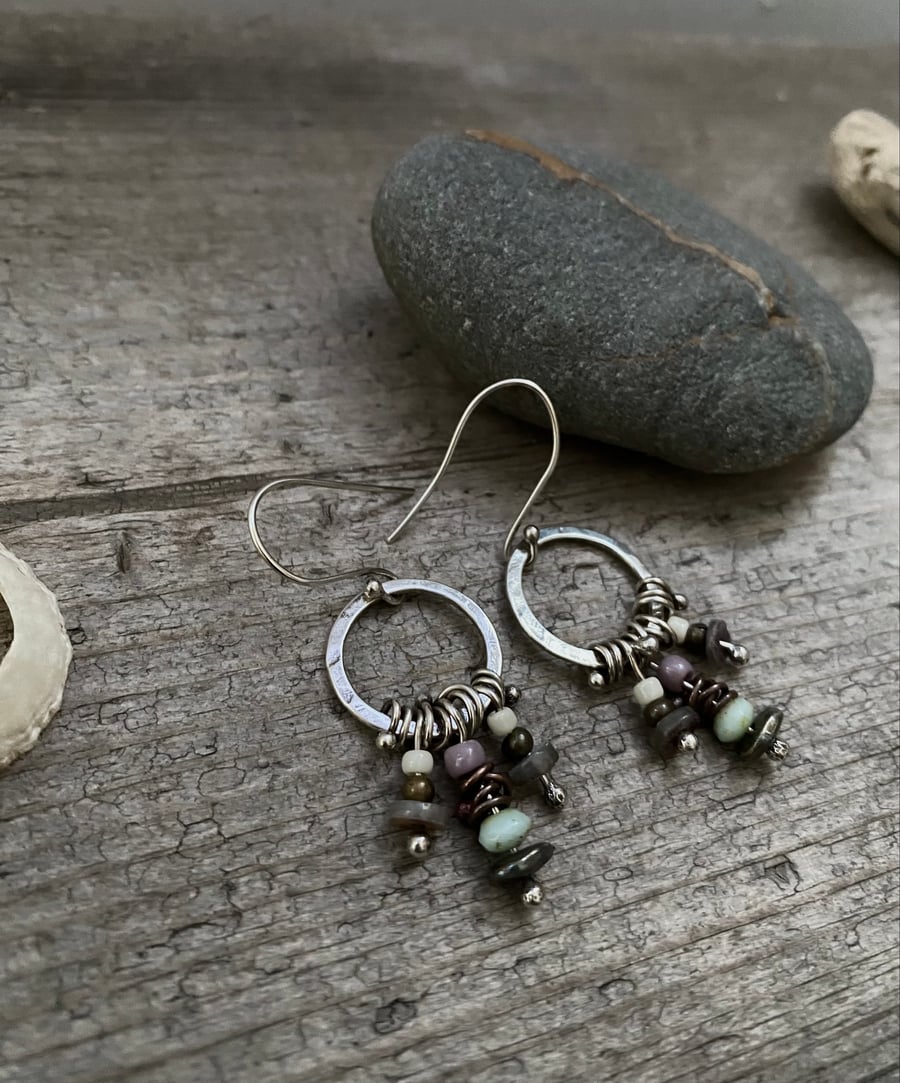 Silver dangle hoop earrings, bead drops, bohemian style