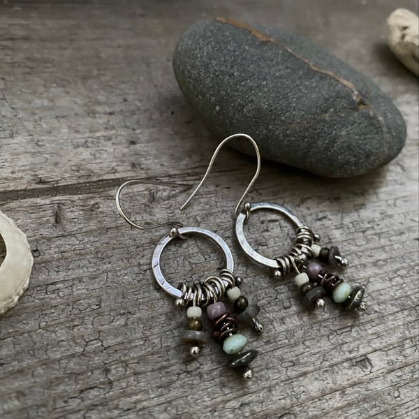 Silver dangle hoop earrings, bead drops, bohemian style