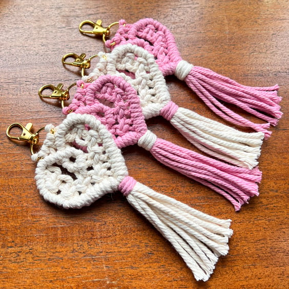 Keyring - Macrame Knotted Heart Keychain Boho Keychain, Bag Charm - Pink