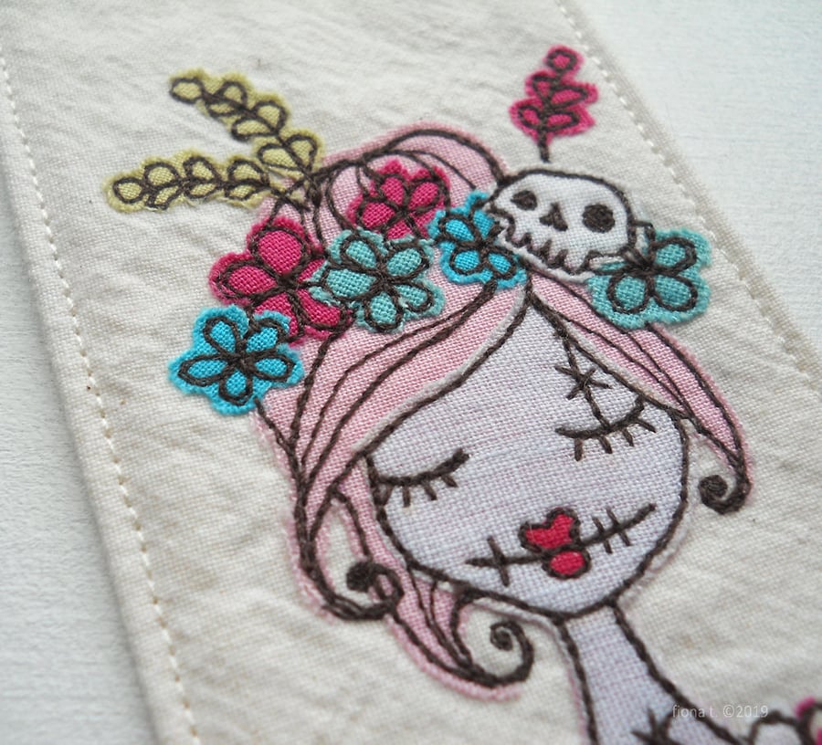 free motion embroidered fabric bookmark pink floral zombie