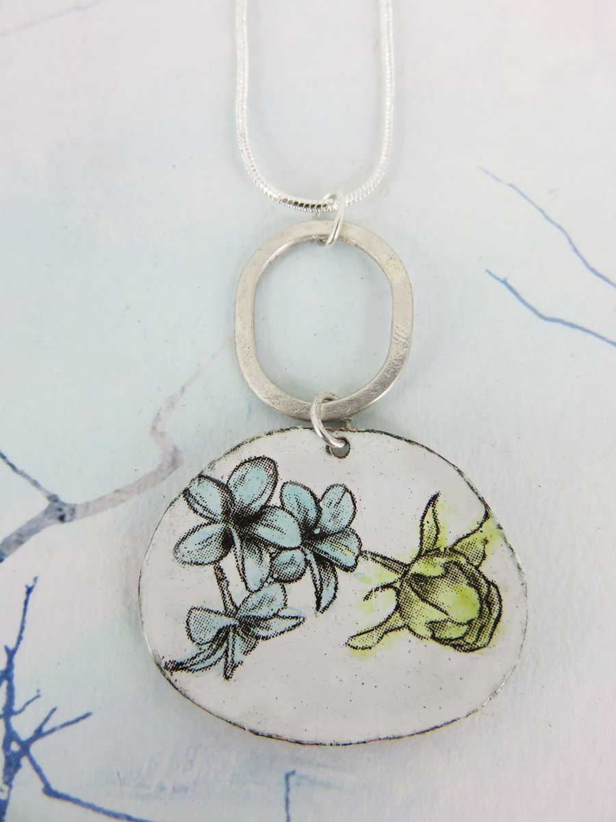Hand painted Enamel on Copper Pendant with Silver Hoop and Textured Back