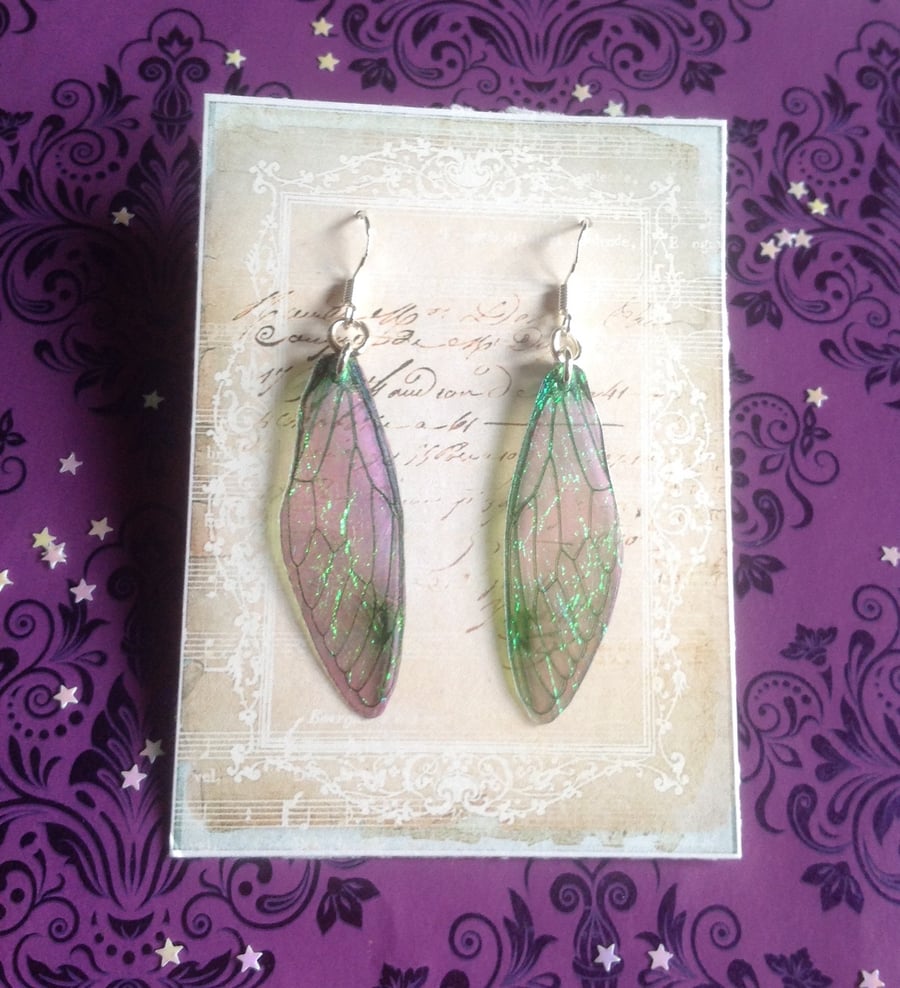 Forest Green Shimmering Medium Fairy Wing  Sterling Silver Earrings