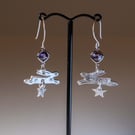 Silver hare and star earrings with amethyst gemstones