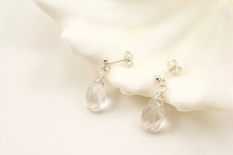  Clear Quartz Crystal Faceted Briolette Sterling Silver Drop Stud Earrings