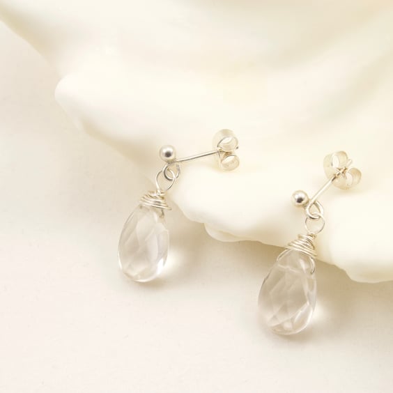  Clear Quartz Crystal Faceted Briolette Sterling Silver Drop Stud Earrings