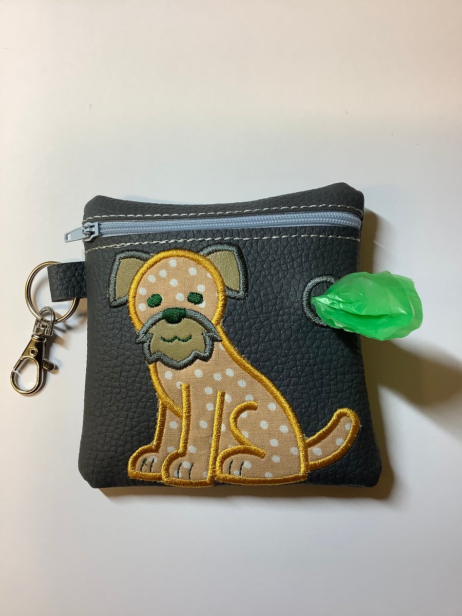 Embroidered Border Terrier faux leather dog poo bag ,dog walking,
