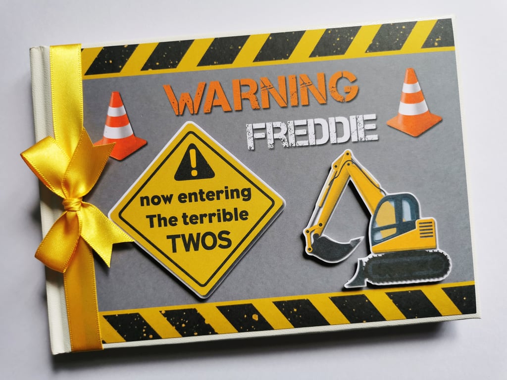 Terrible twos Birthday Guest book, trucks and diggers birthday book, gift
