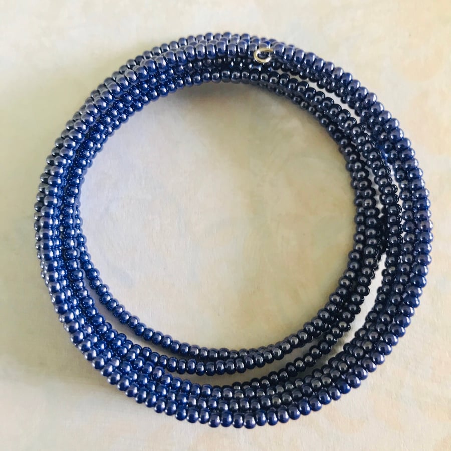 Metallic Blue Beaded Memory Wire Bracelet