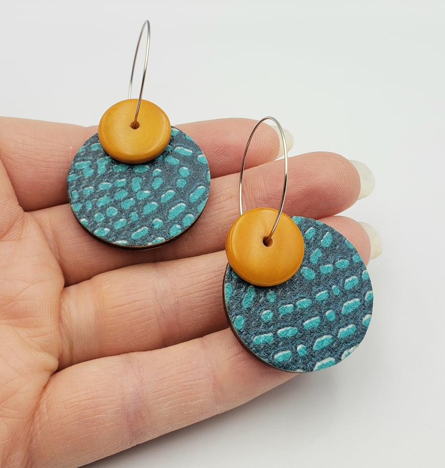 Teal, turquoise and orange dangly earrings